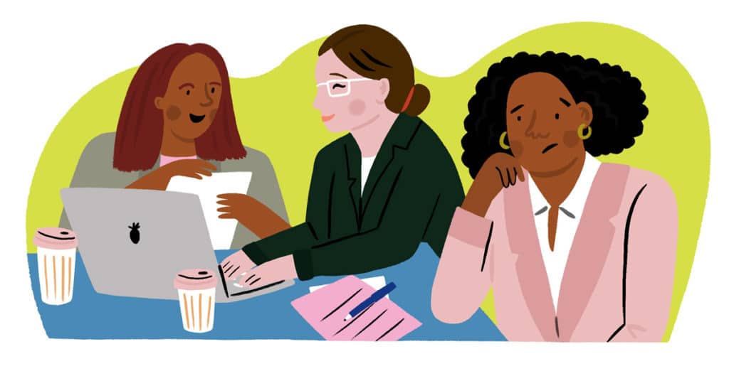 Woman with co-workers wondering