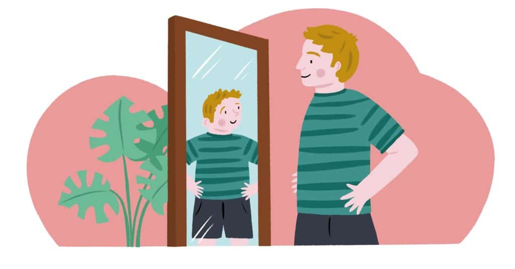 Mirror image of a young man looking at his child image