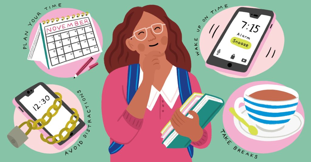 Illustration of college student with thoughts on tips to manage her life