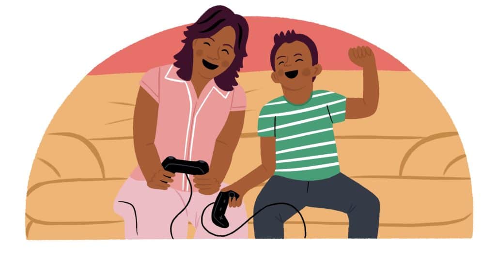 Mom playing video game with her child